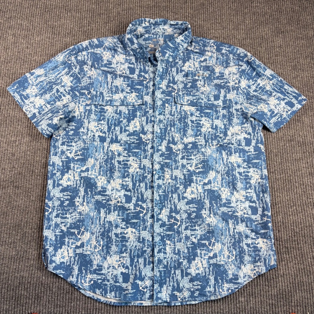 Silver Bait Shirt Mens L Blue Anchor Print Fishing Short Sleeve Button Up